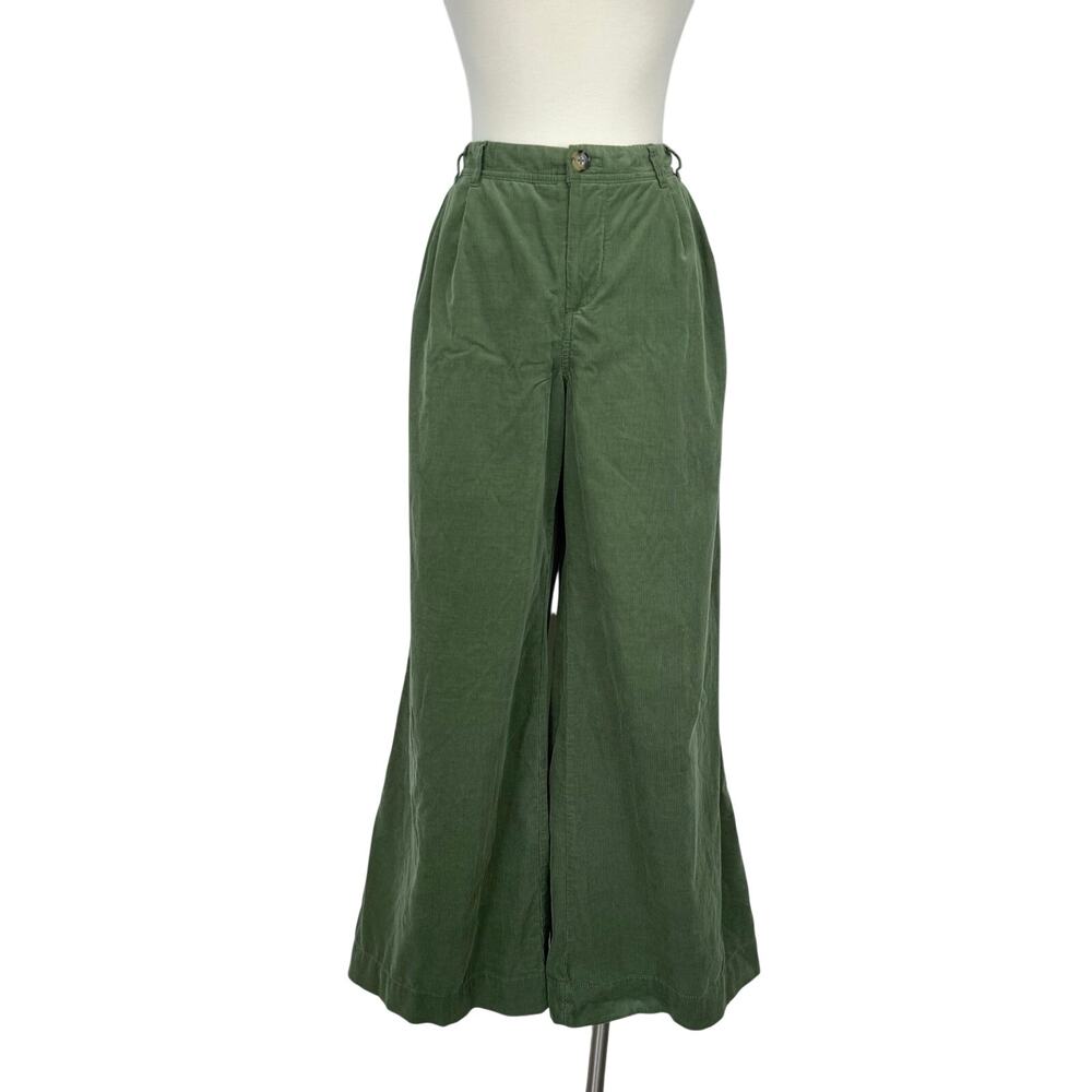 Anthropologie Pleated Wide Leg Corduroy Pants Trousers Dark Green 29 Cotton